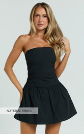 Donatella Mini Dress - Strapless Drop Waist Dress in Black