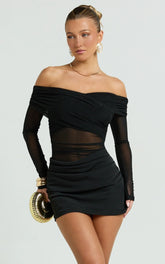 Jade Mini Dress - Long Sleeve Off Shoulder Draped Bias Cut Dress in Black
