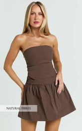 Donatella Mini Dress - Strapless Drop Waist Dress in Chocolate