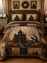 Vintage Halloween Manor Crow Black Cat Patchwork 3‐Piece Quilted Bedding Set