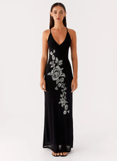 Beki Beaded Mesh Maxi Dress - Black