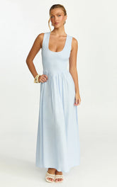 Luciana Maxi Dress - U Neck Smock Dress in Blue