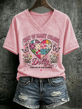 V Neck Retro Coat Of Many Colors Forever In Our Hearts Print T-Shirt