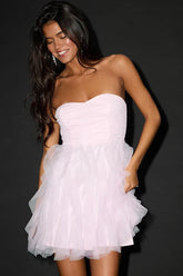 Delightful Beauty Pale Pink Mesh Strapless Ruffled Mini Dress