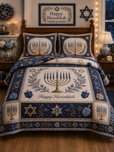 Happy Hanukkah Gold Blue Vintage 3‐Piece Quilted Bedding Set