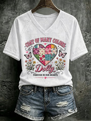 V Neck Retro Coat Of Many Colors Forever In Our Hearts Print T-Shirt