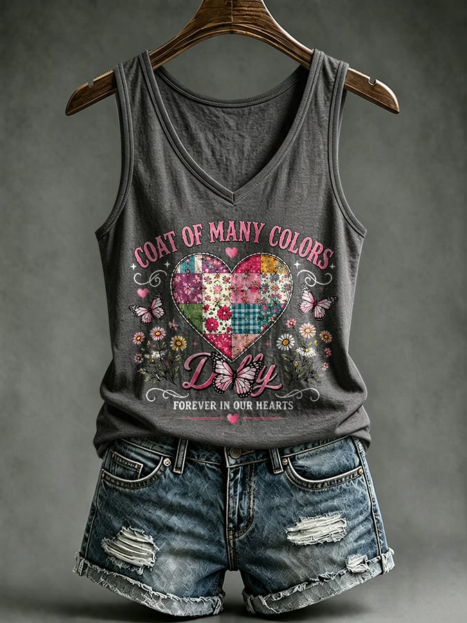 V-Neck Retro Coat Of Many Colors Forever In Our Hearts Print Tank Top