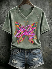 V Neck Retro Butterfly Queen Of Country Print T-Shirt