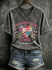 V Neck Retro Coat Of Many Colors Forever In Our Hearts Print T-Shirt