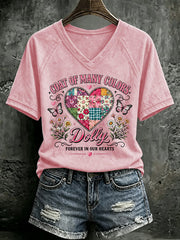 V Neck Retro Coat Of Many Colors Forever In Our Hearts Print T-Shirt