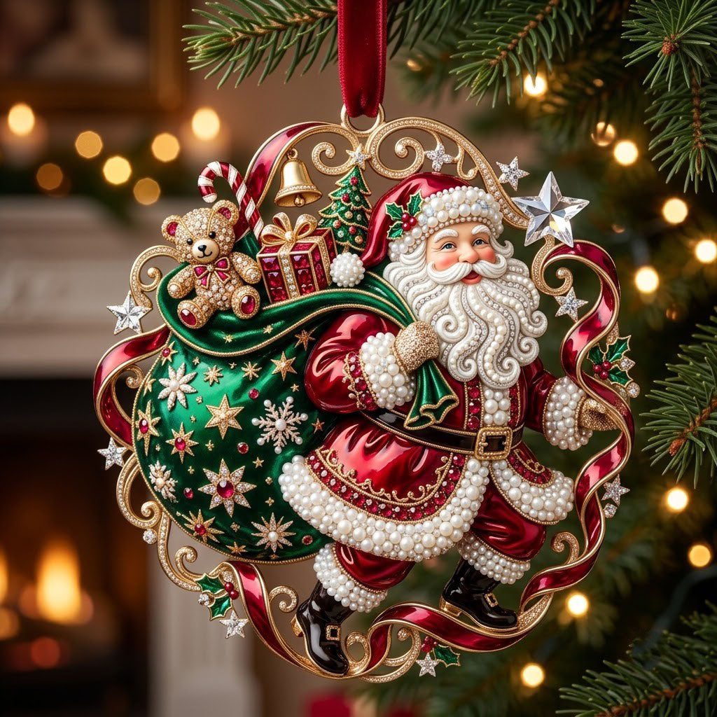 Sparkly Jeweled Santa Claus Christmas Mica Ornament