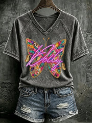 V Neck Retro Butterfly Queen Of Country Print T-Shirt
