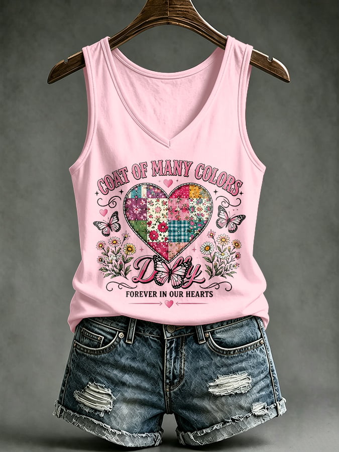 V-Neck Retro Coat Of Many Colors Forever In Our Hearts Print Tank Top