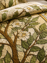 Tree of Life Quilted 3-Piece Bedding Set – Vintage Stained Glass Botanical Quilted Bedding With Matching Pillow Shams